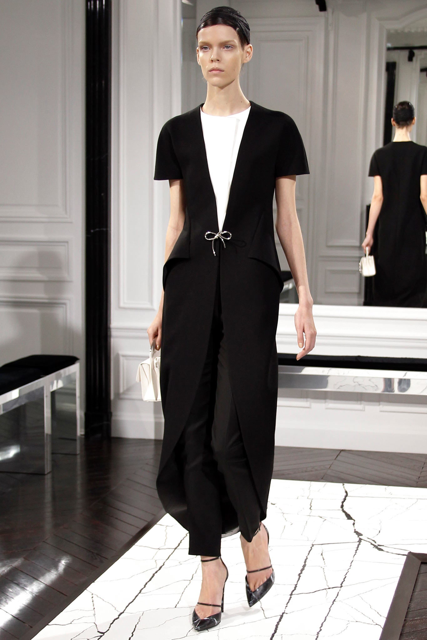 black cotton short-sleeve collared fitted draped zippered jacket