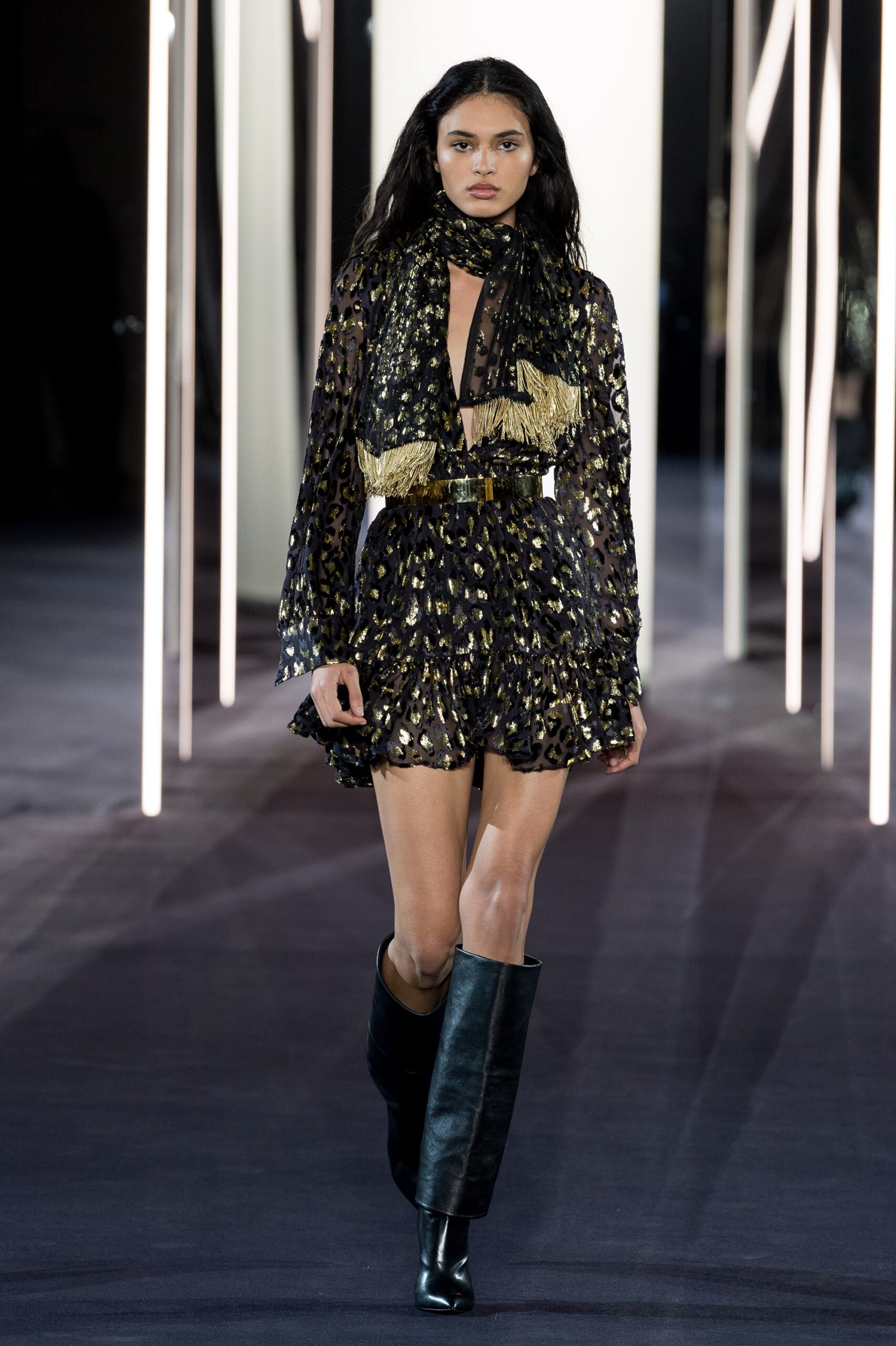 black and gold ruffled mini dress