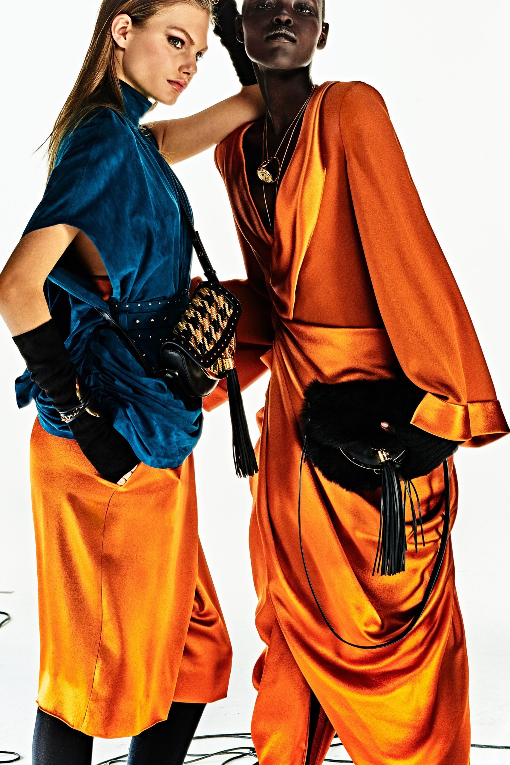 orange silk midi dress and blue top