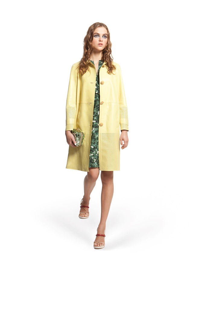 yellow coat green dress brown shoes