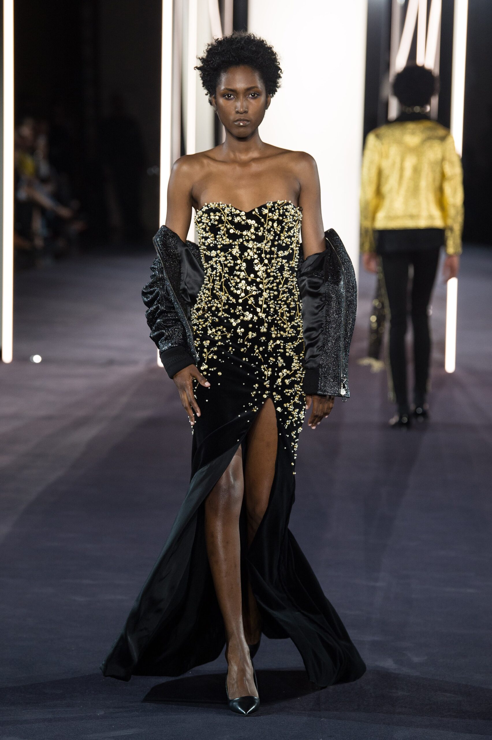 black beaded gown with oversized jacket