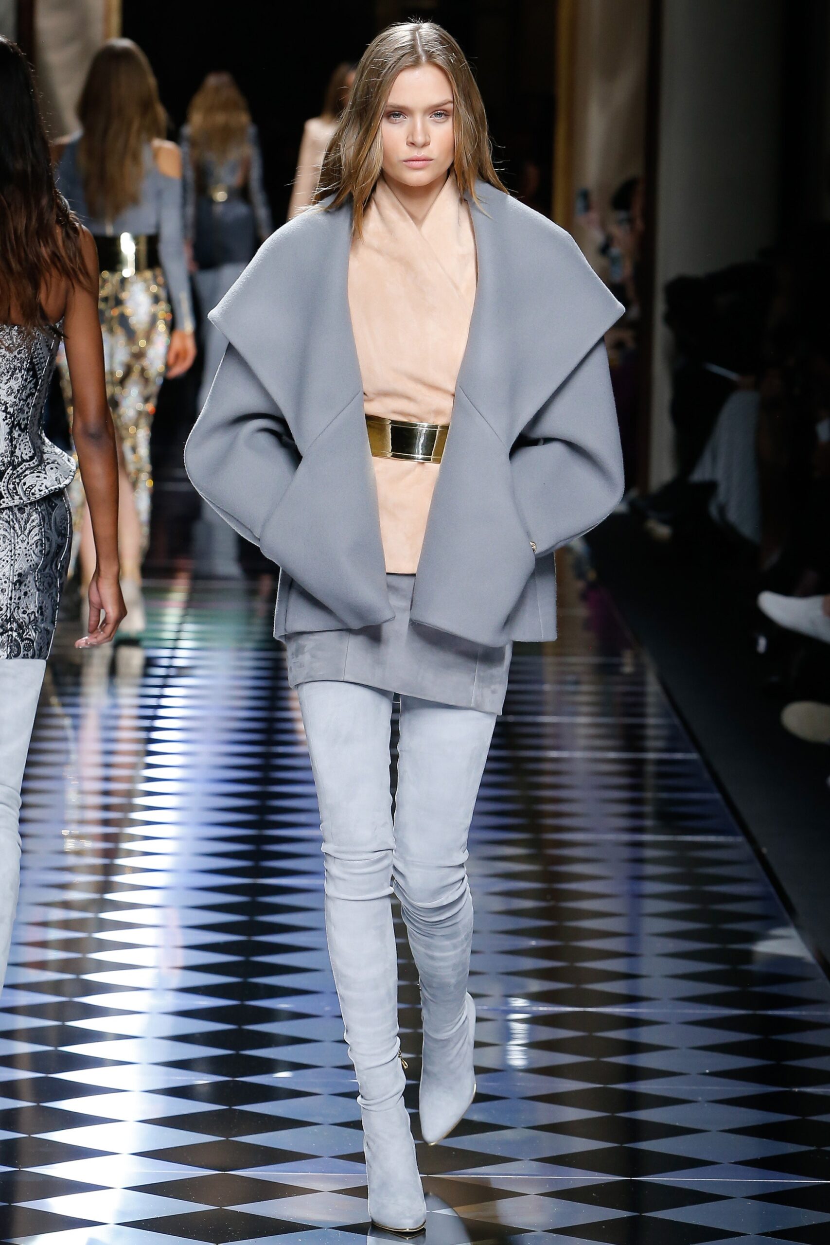 gray oversized coat with beige top