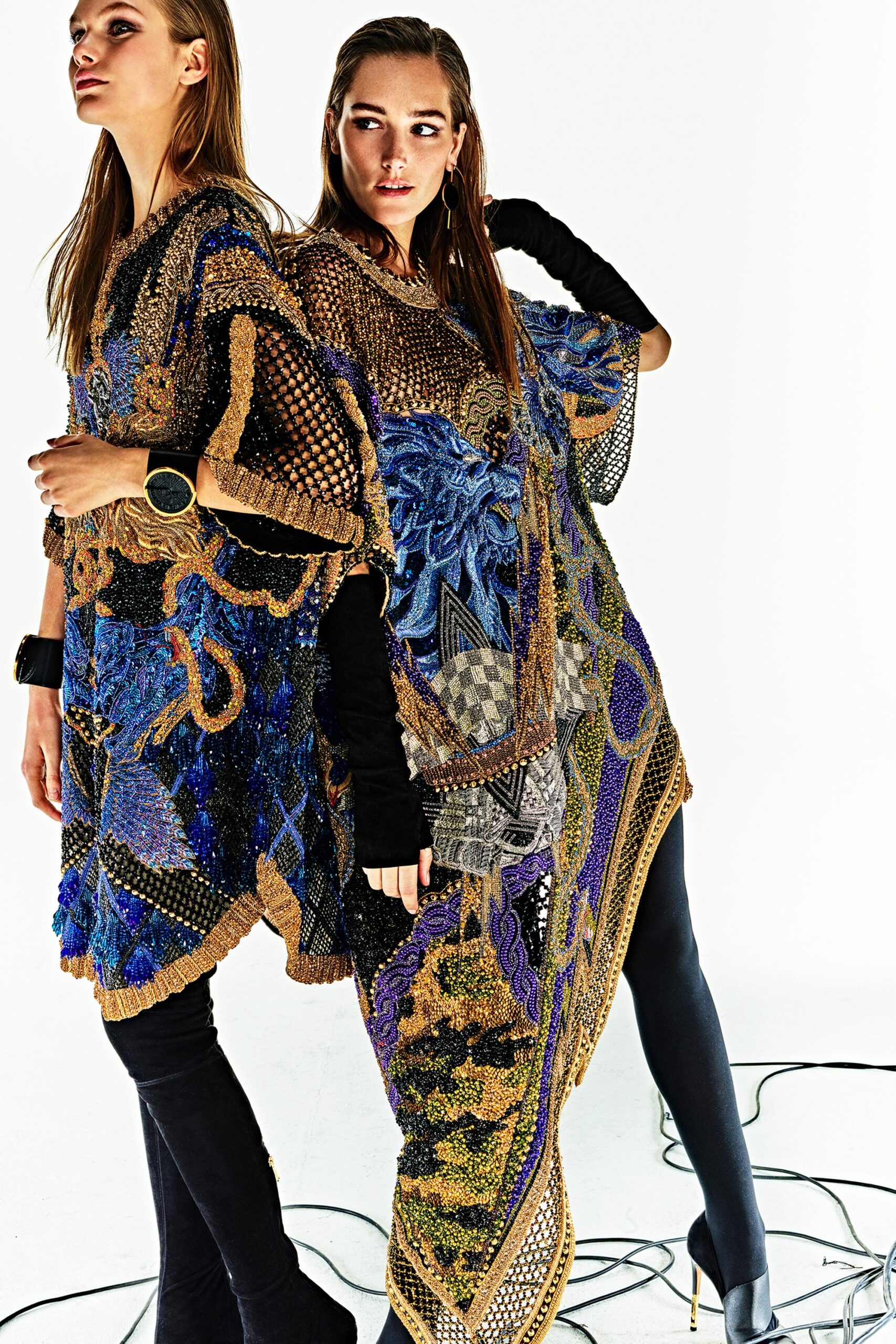 embroidered poncho with slim pants