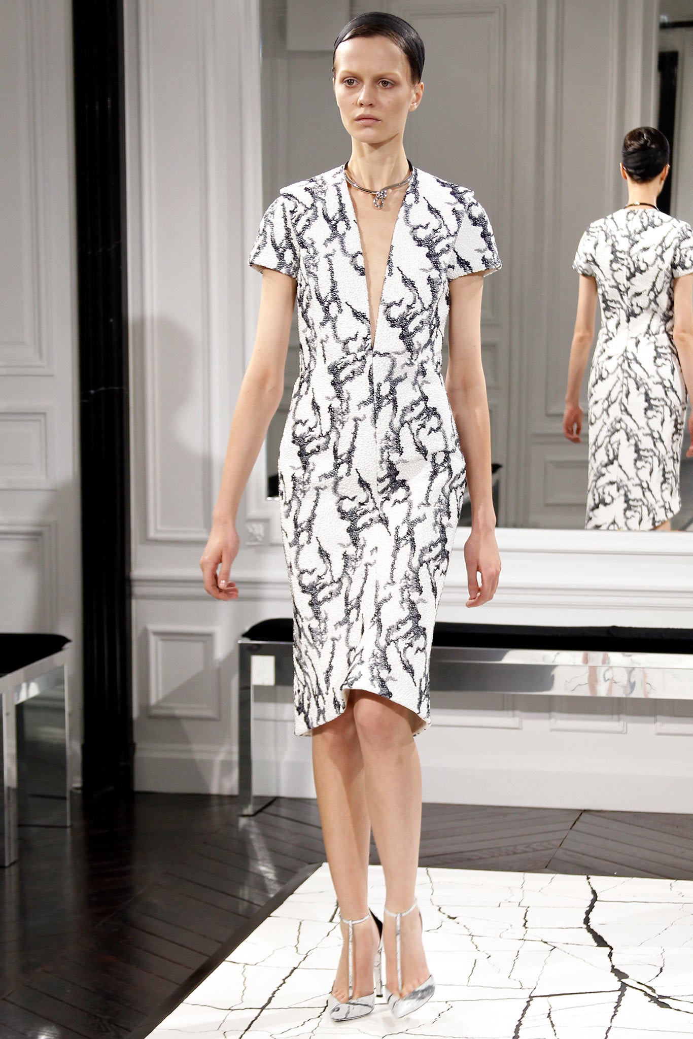 black and white printed midi dress