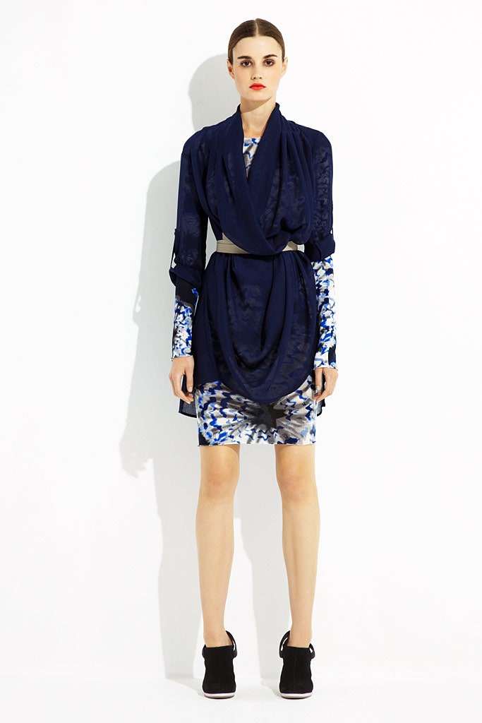 blue silk long-sleeve v-neck fitted draped printed dress