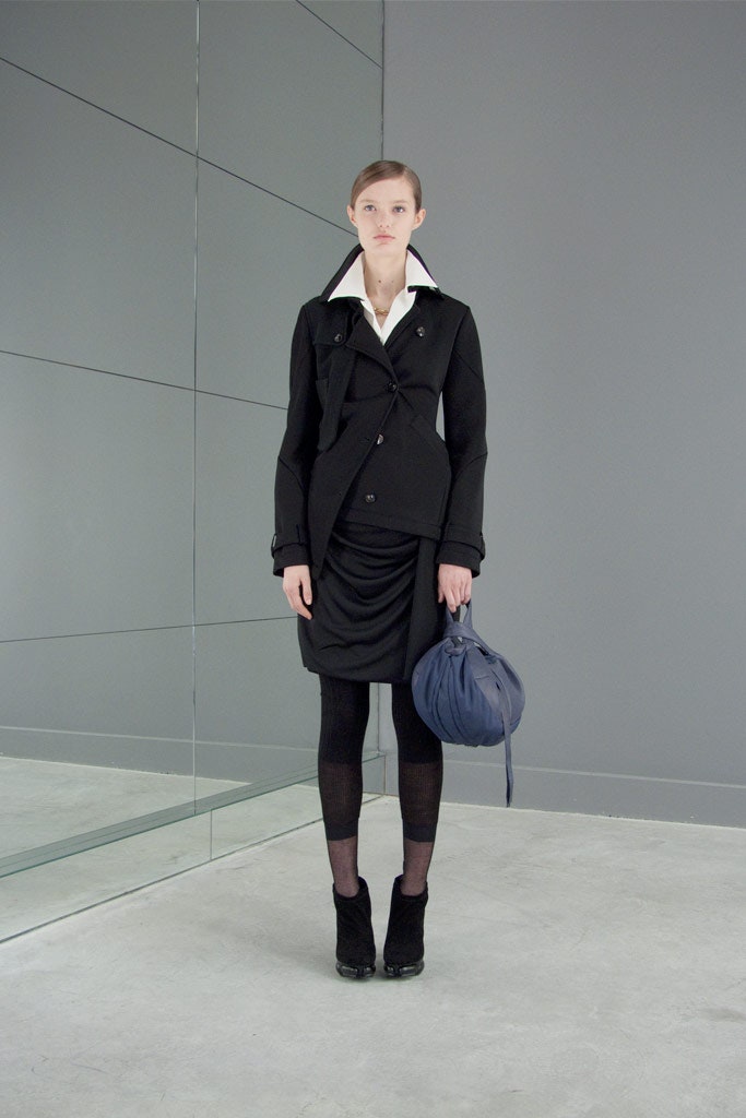 black cotton long-sleeve collared fitted draped mini dress