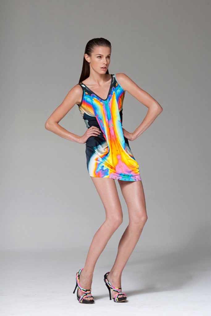 multi cotton sleeveless v-neck fitted printed mini mini-dress