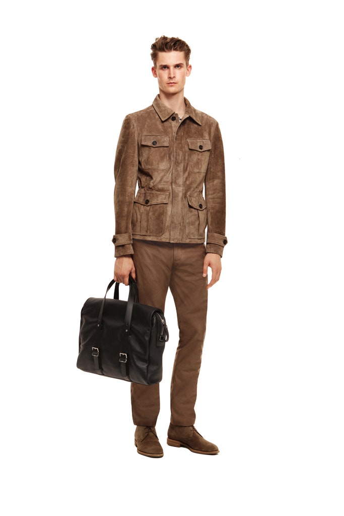 brown suede jacket with slim pants
