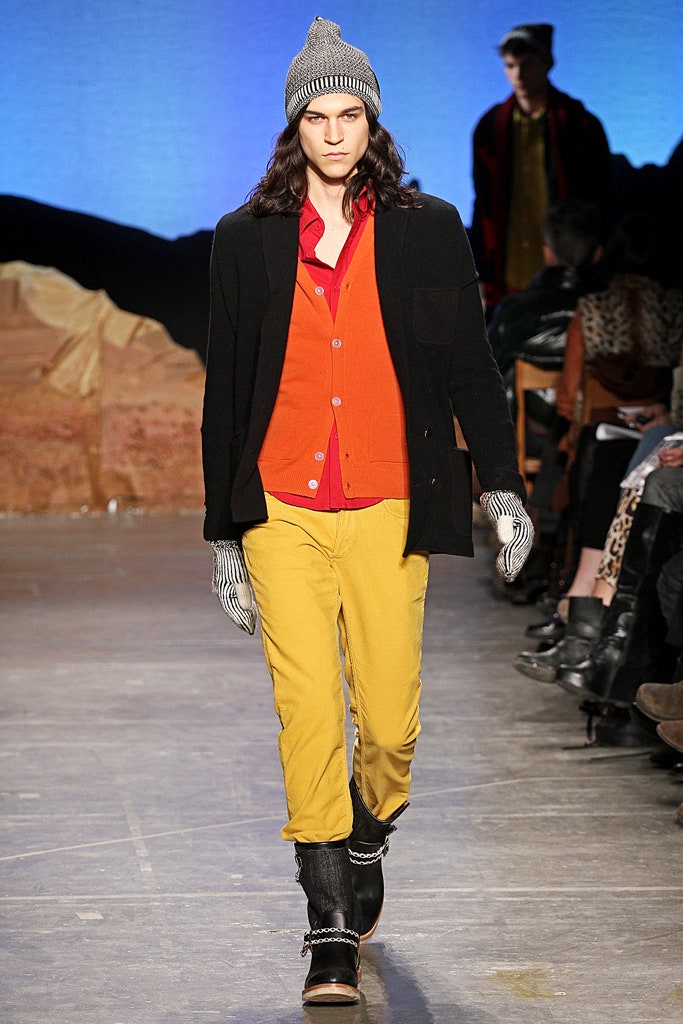black blazer orange shirt yellow pants