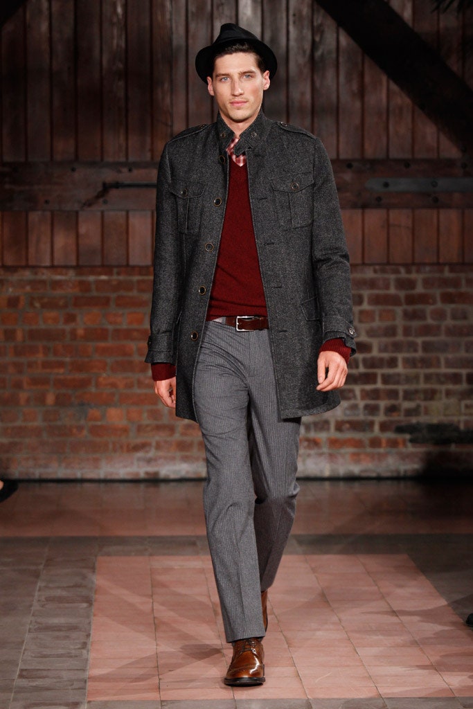gray wool coat red sweater
