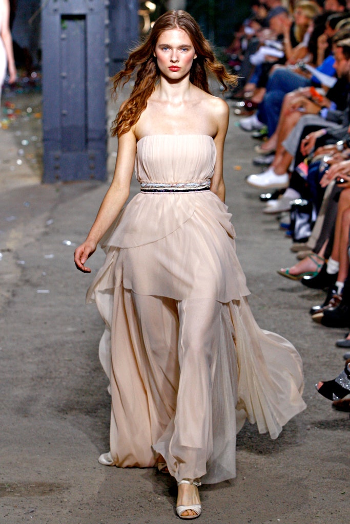 beige silk strapless gown