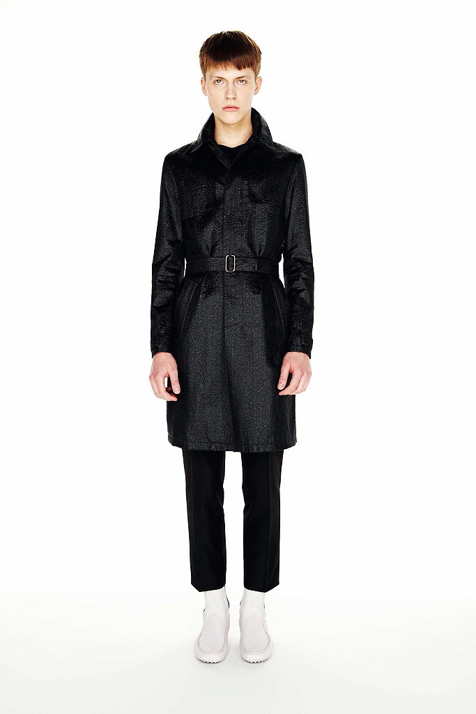 black silk long-sleeve collared fitted belted shiny coat