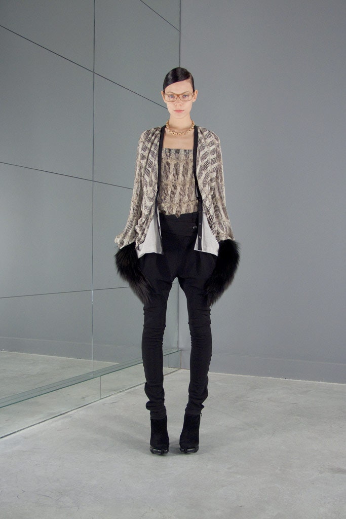 beige printed silk top with gray cardigan