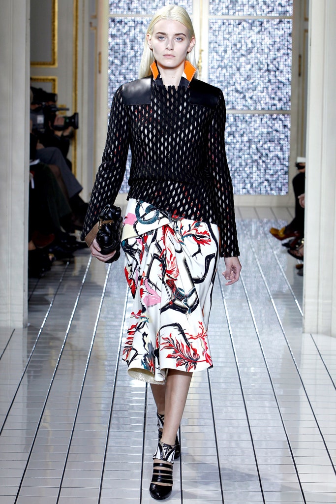 black fitted top and white printed skirt