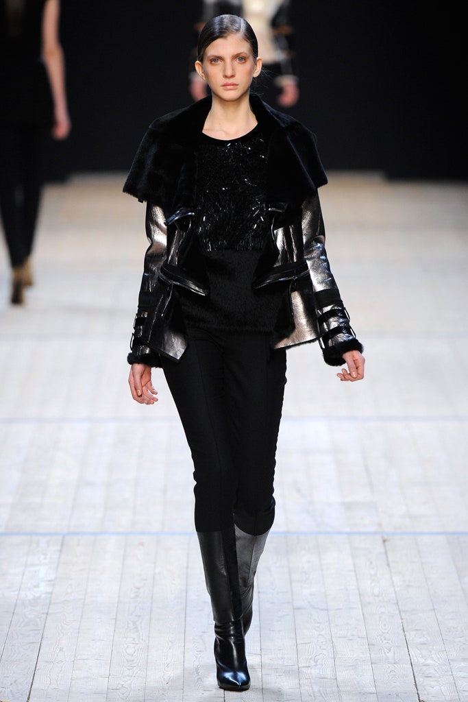 black leather long-sleeve collared fitted zippered layered jacket