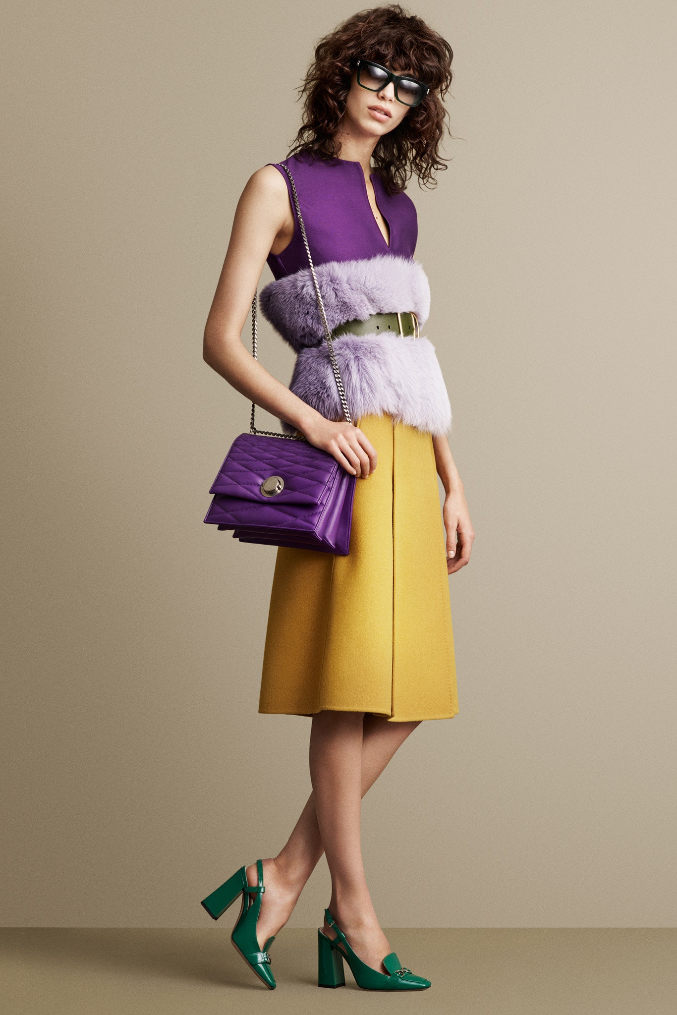 purple faux-fur top and yellow pencil skirt