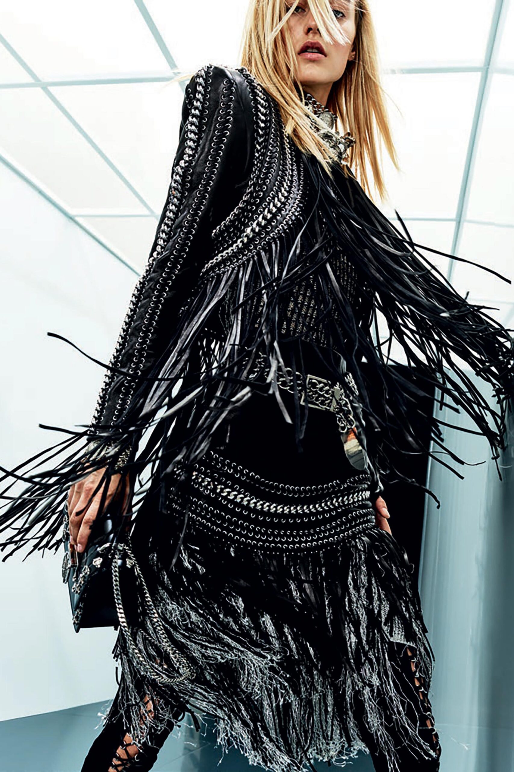 black leather fringed mini dress