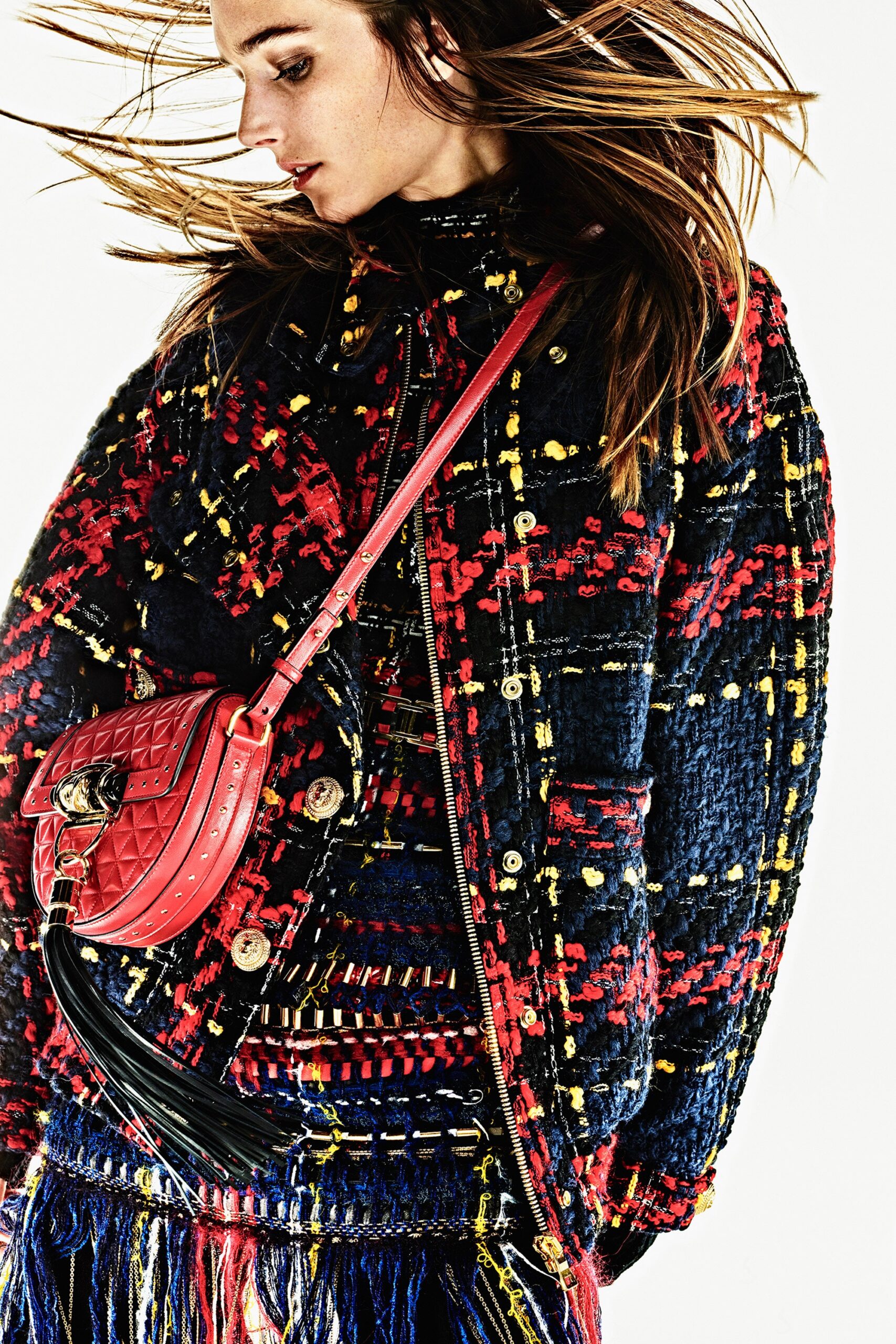 checked relaxed jacket with fringed skirt