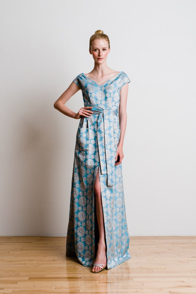 blue silk fitted gown