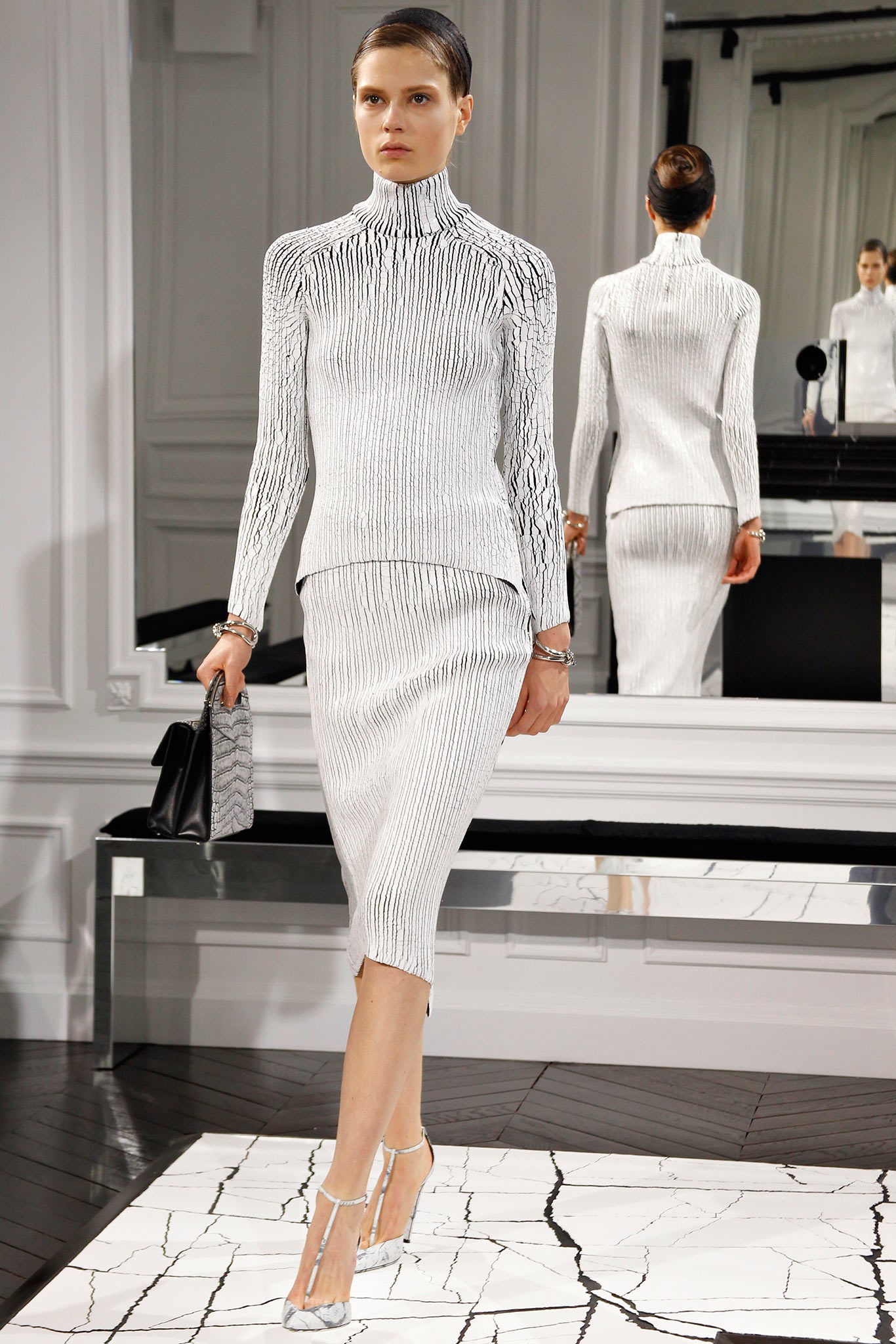 fitted white knit top and skirt