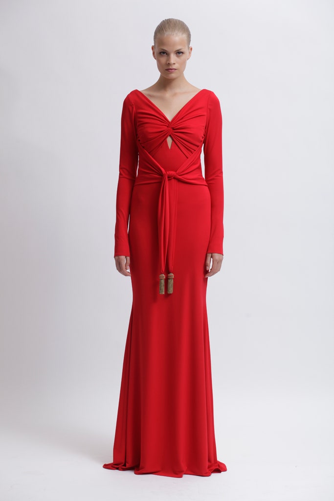 fitted red long-sleeve gown