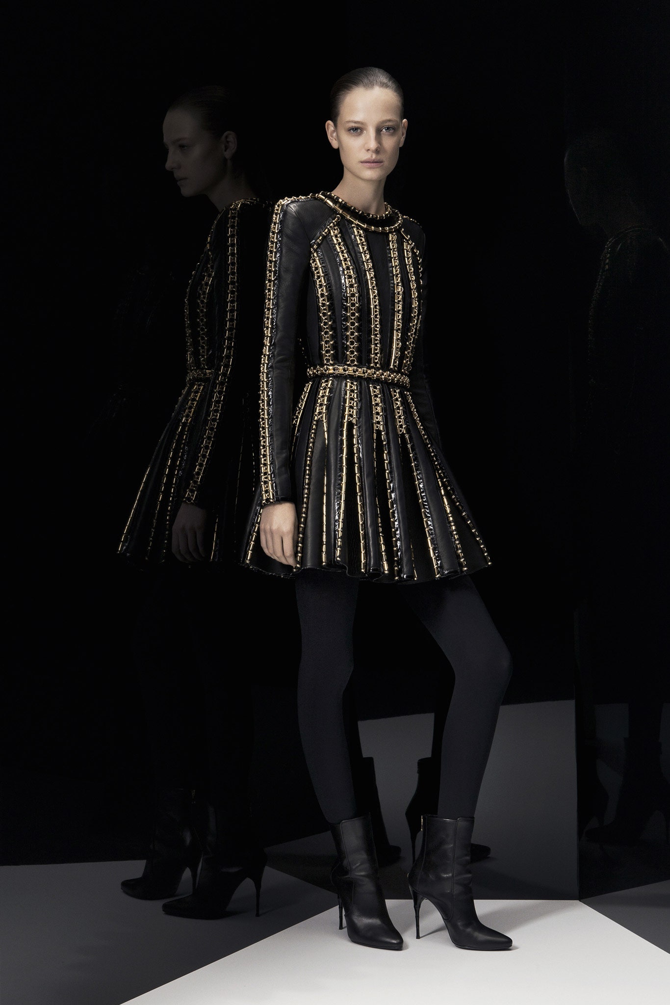 black leather long-sleeve high-neck fitted pleated belted dress