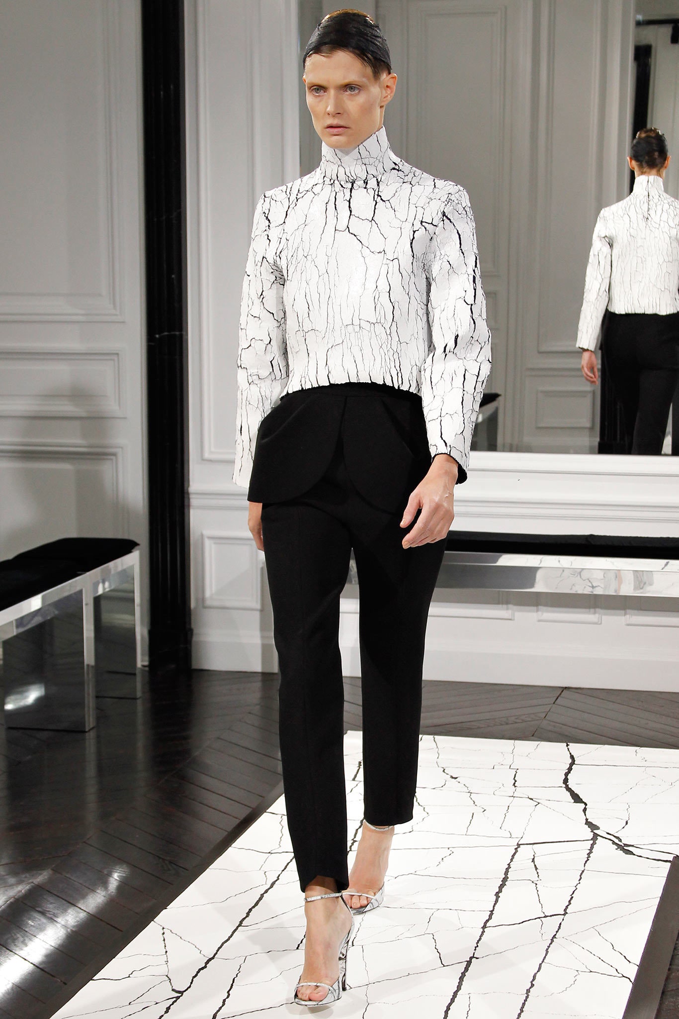 white silk long-sleeve high-neck fitted printed blouse