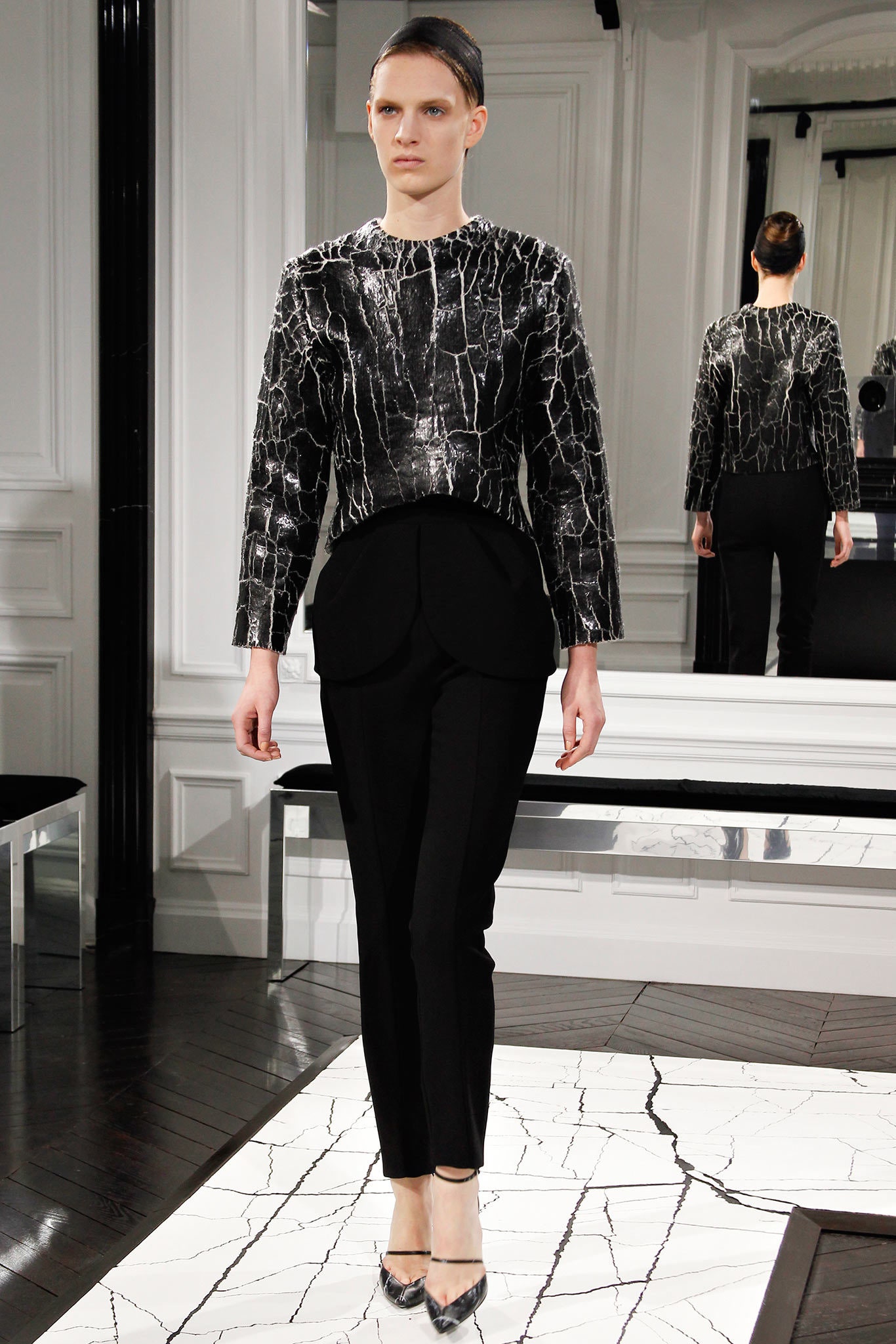 black and white textured top with tailored pants