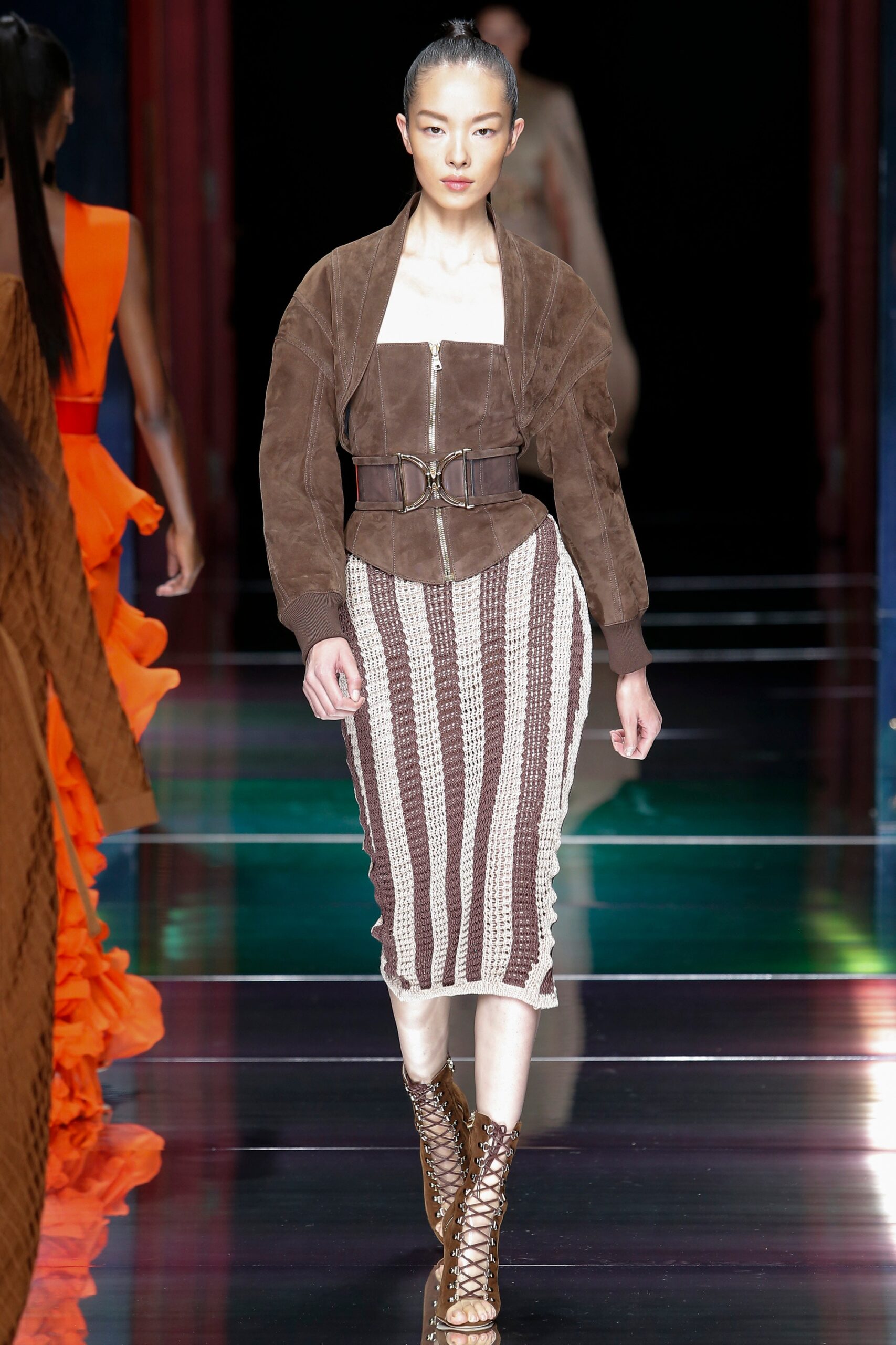 brown suede long-sleeve collared fitted zippered jacket