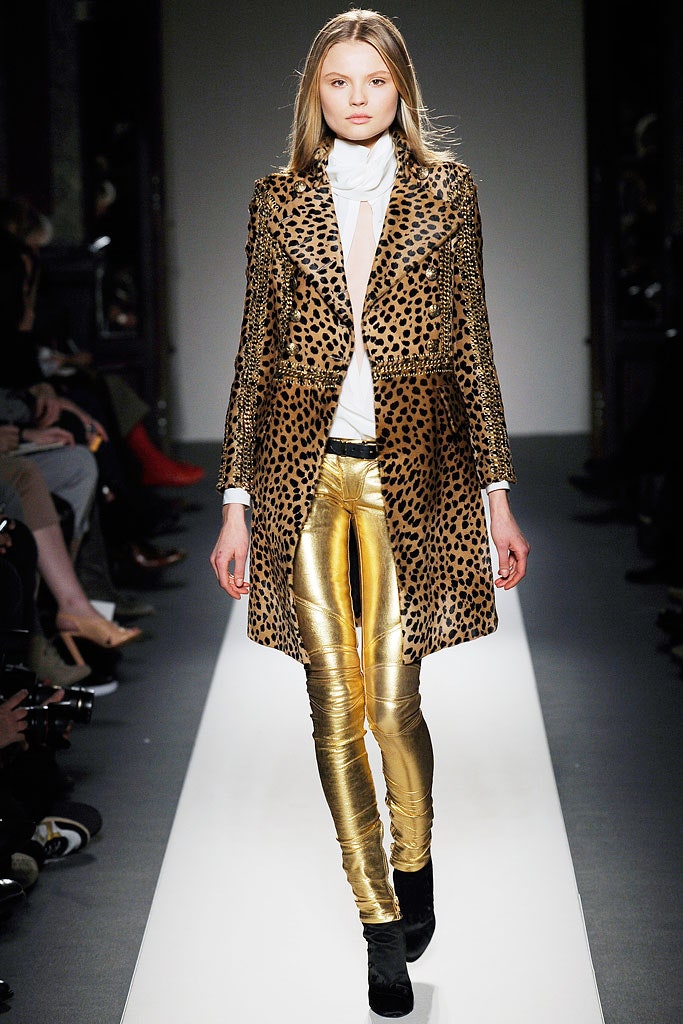 brown fur long-sleeve collared fitted animal-print coat