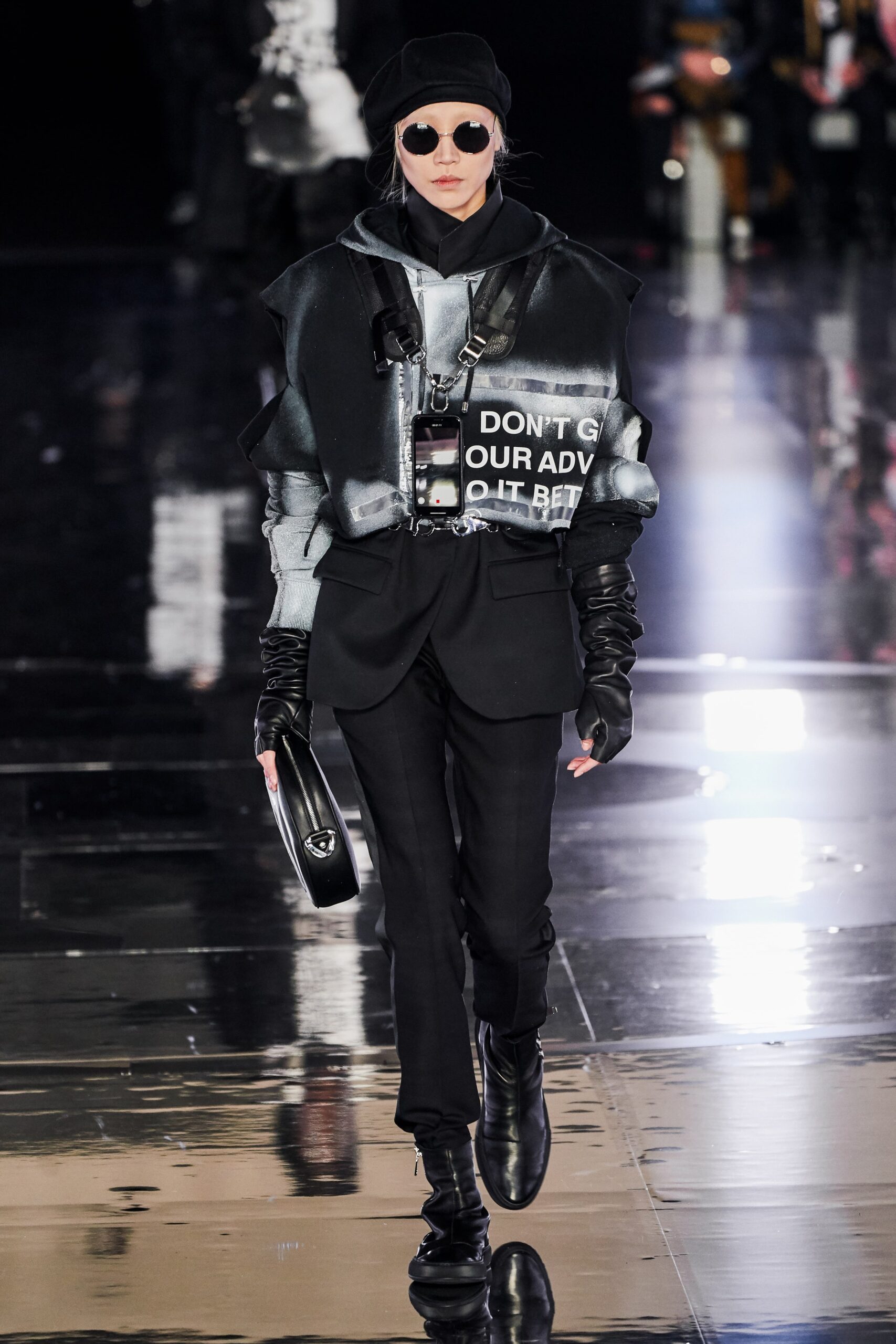 black leather fitted jacket with slim pants
