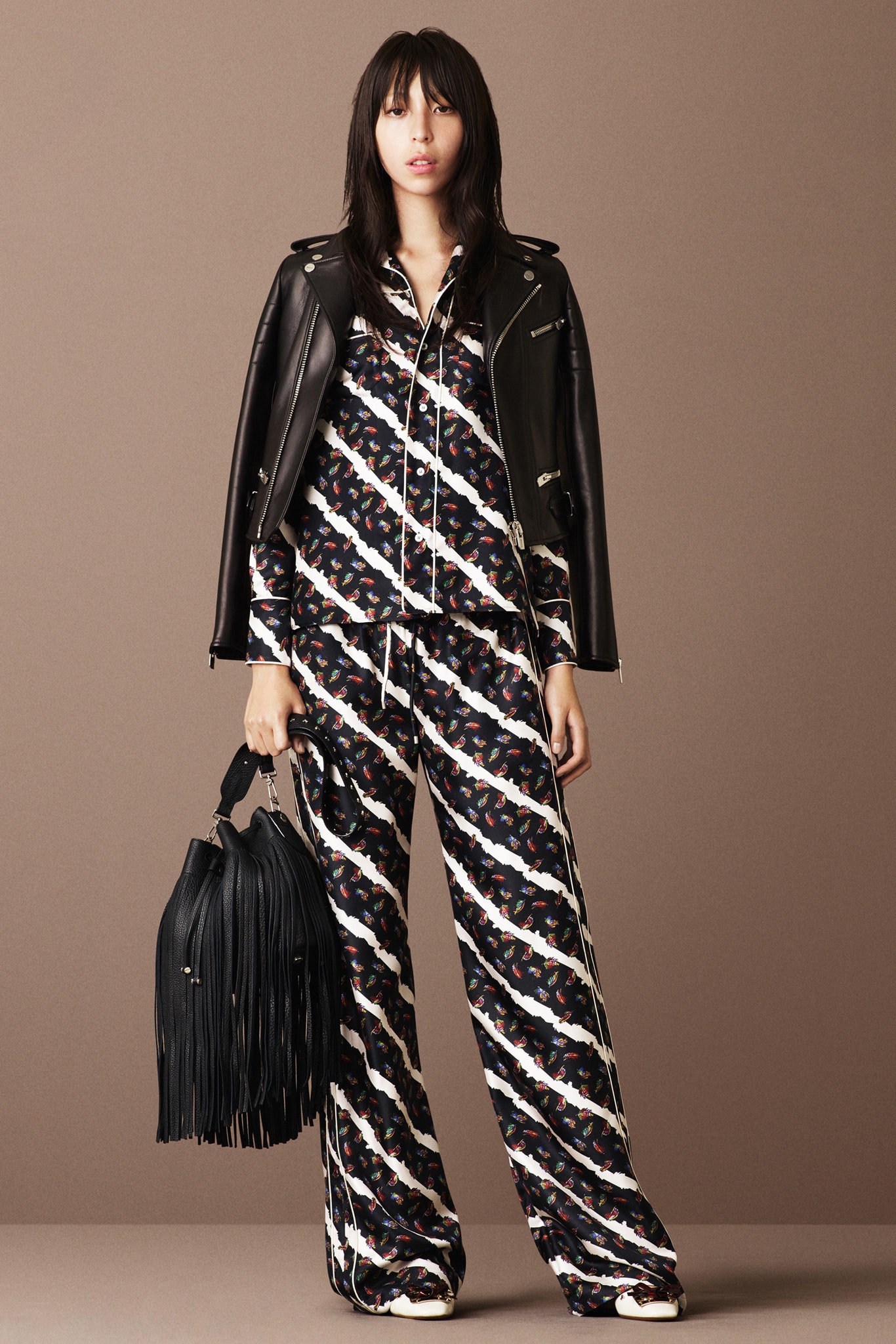 black leather jacket with multi-pattern outfit