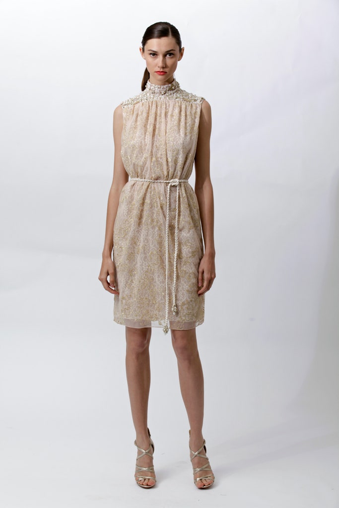 beige silk sleeveless high-neck fitted belted pleated dress