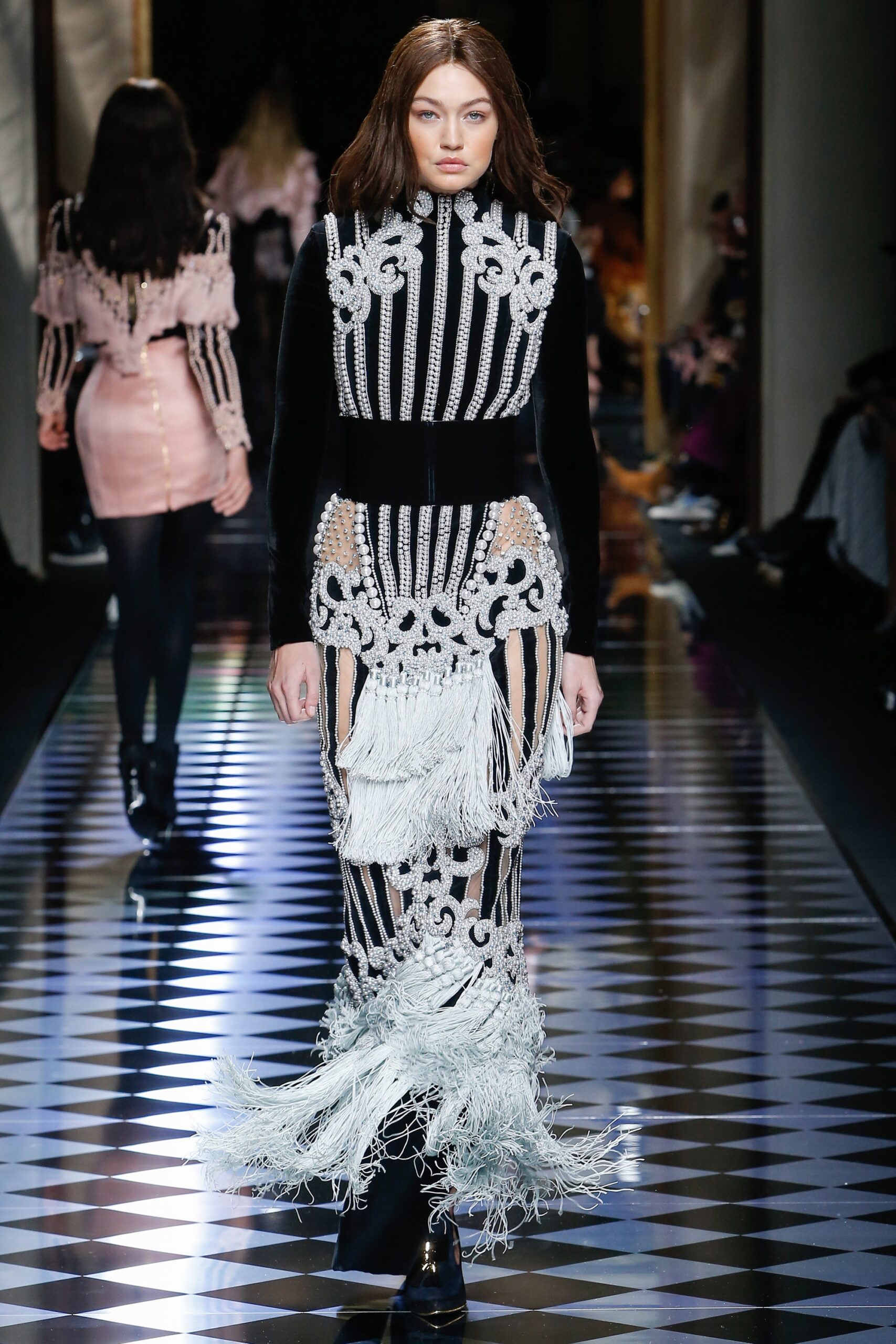 black and white embroidered gown