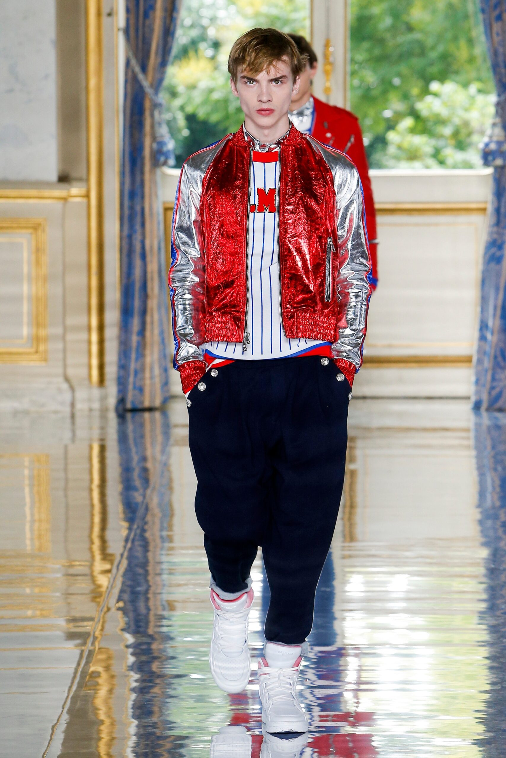 red vinyl jacket with striped shirt