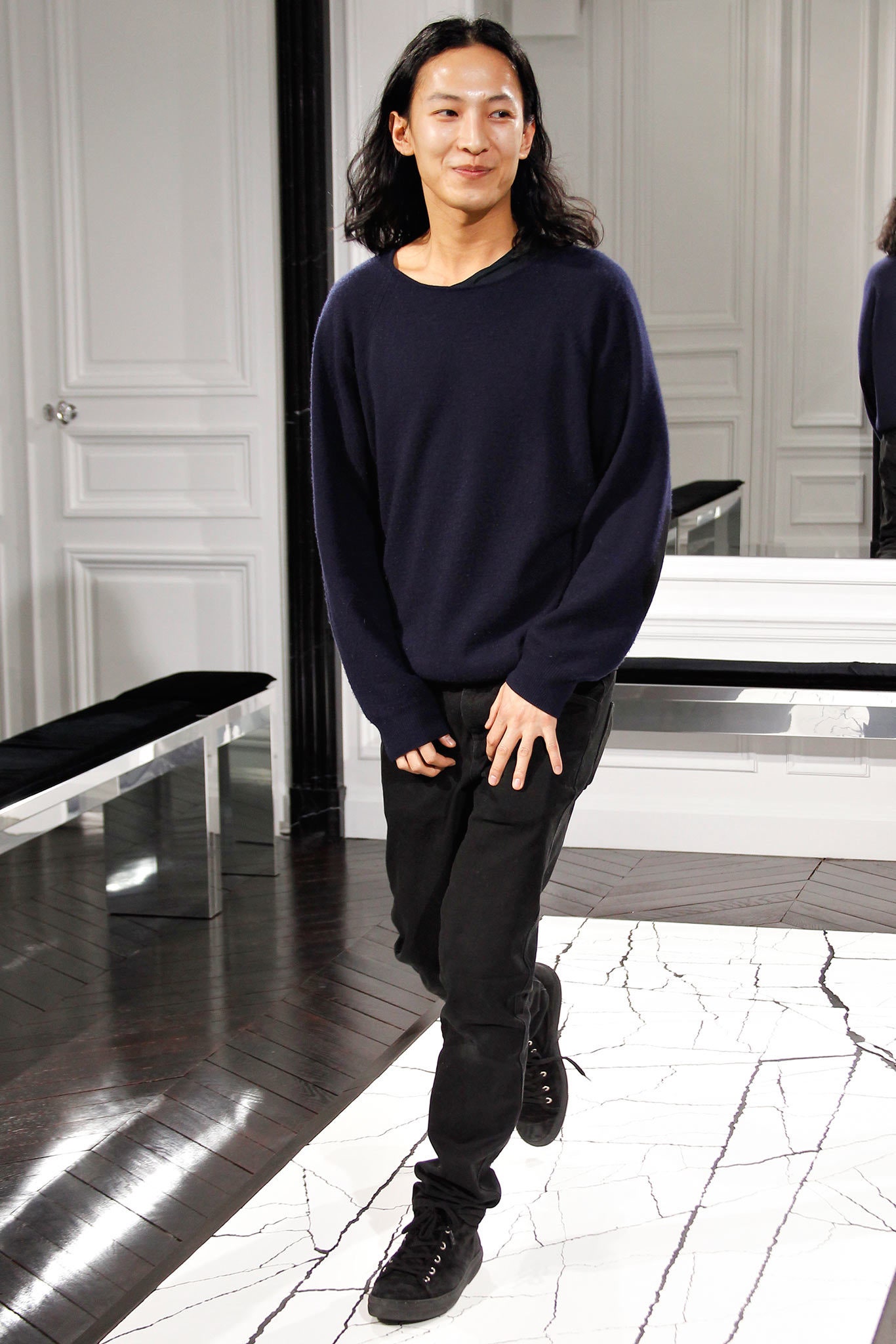 blue wool relaxed sweater with black pants