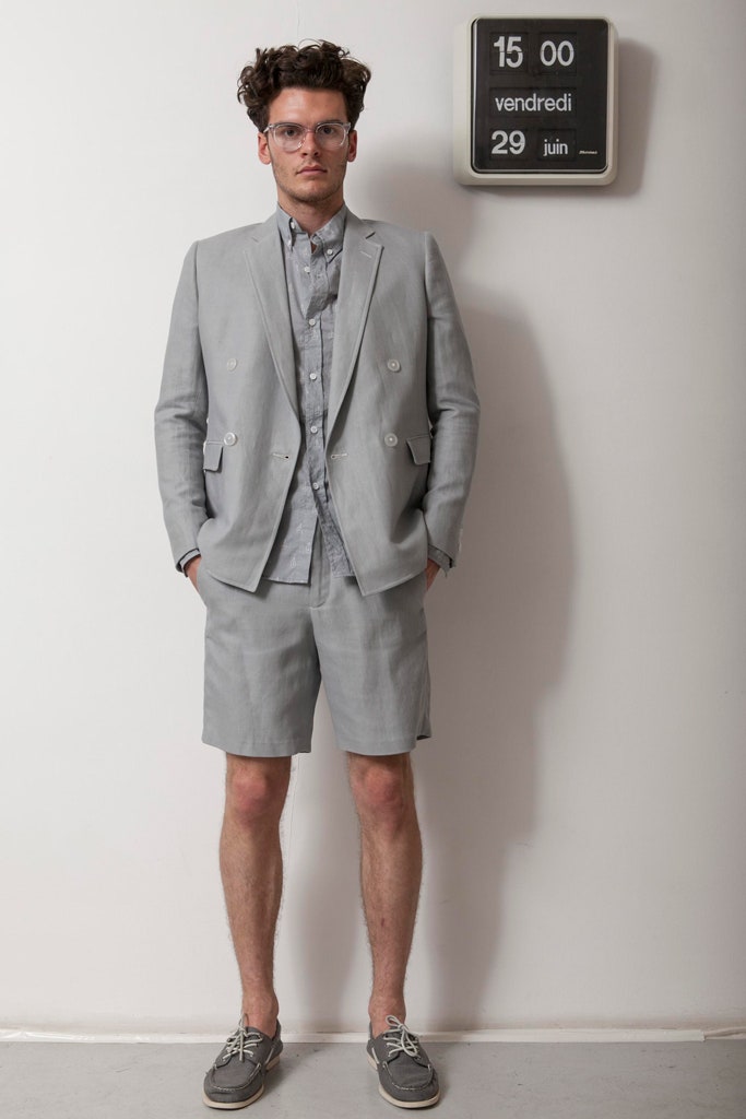 gray tailored suit with shorts