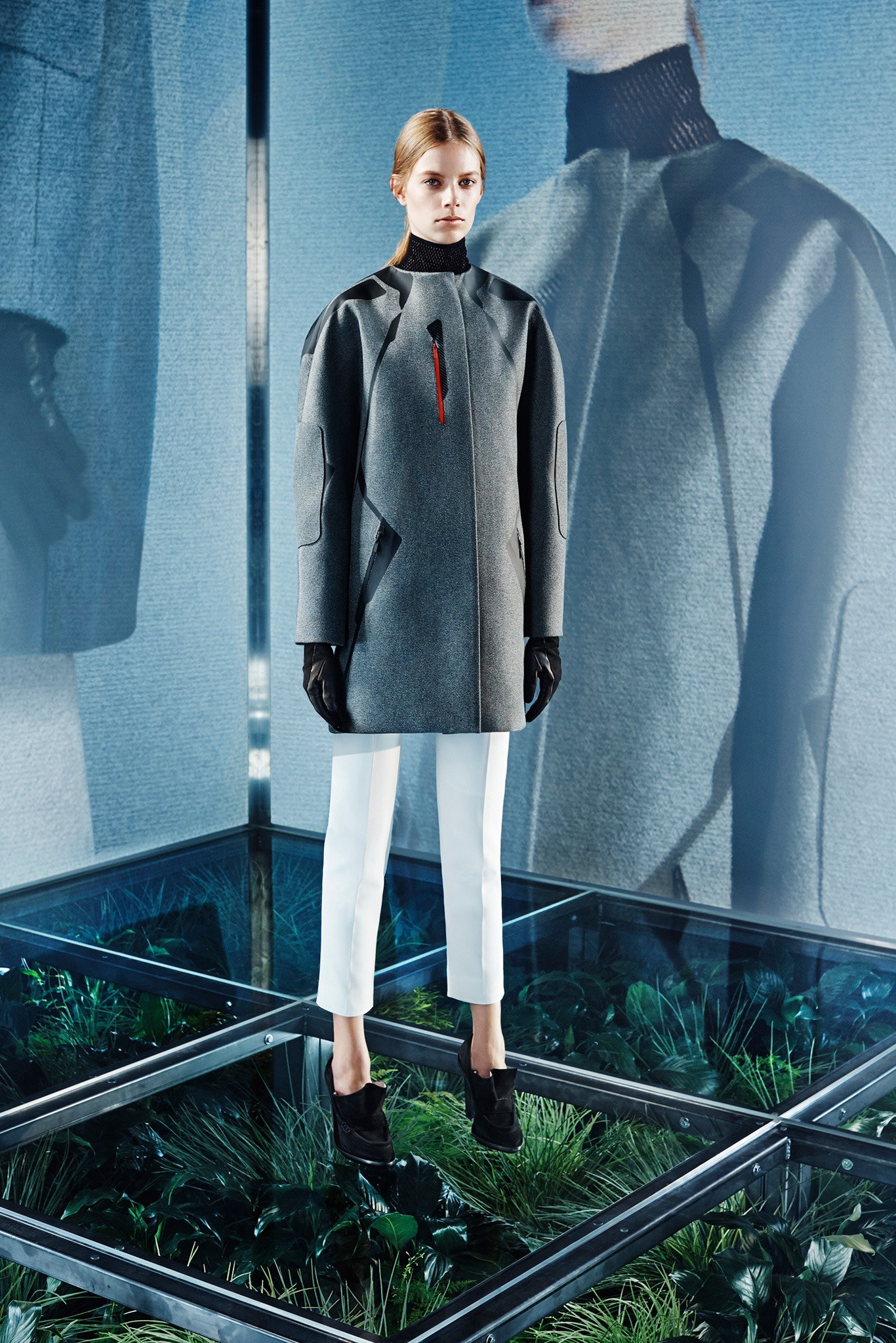 gray wool relaxed coat with white pants