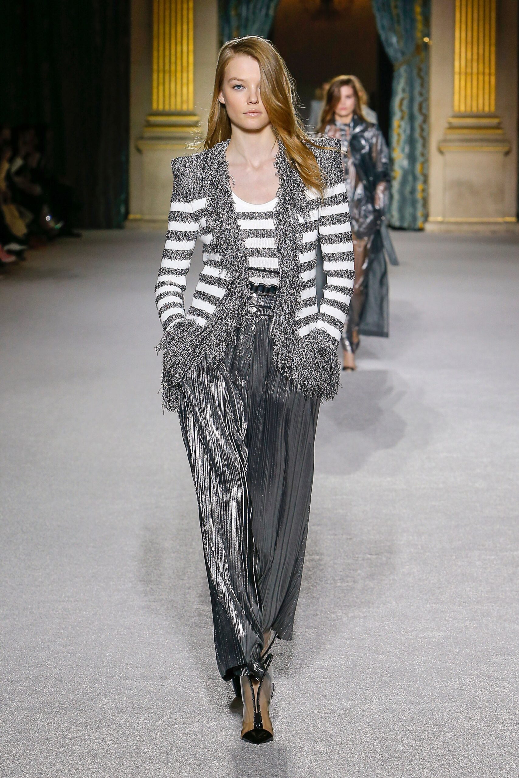 striped blazer and pleated pants