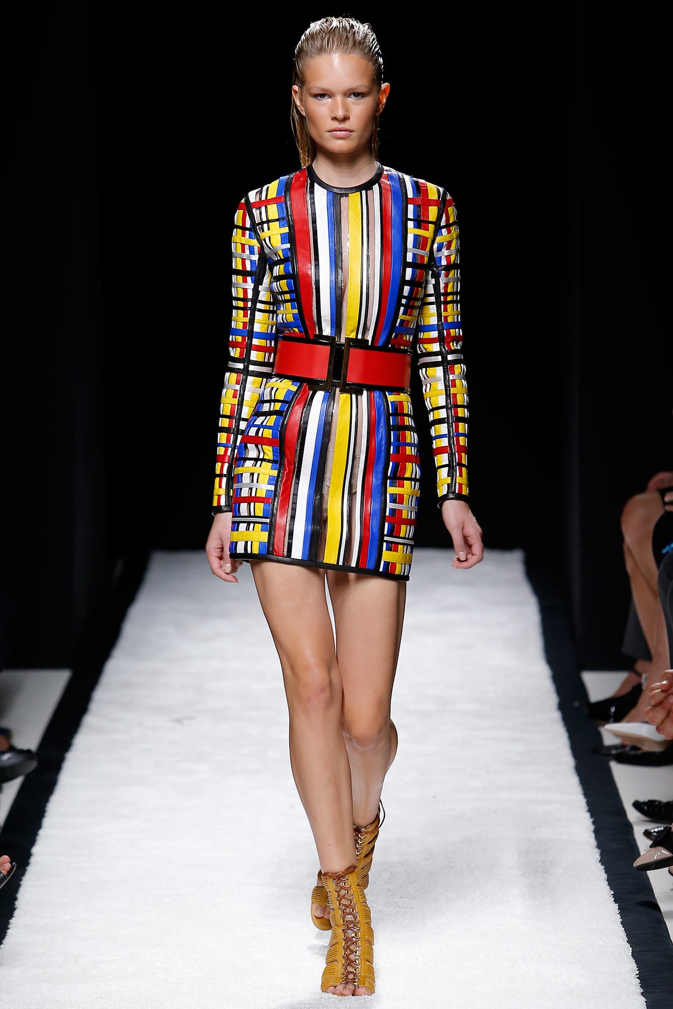 red cotton long-sleeve high-neck fitted striped mini mini-dress