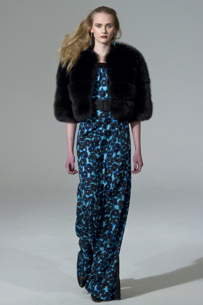 blue floral maxi gown with black fur cape