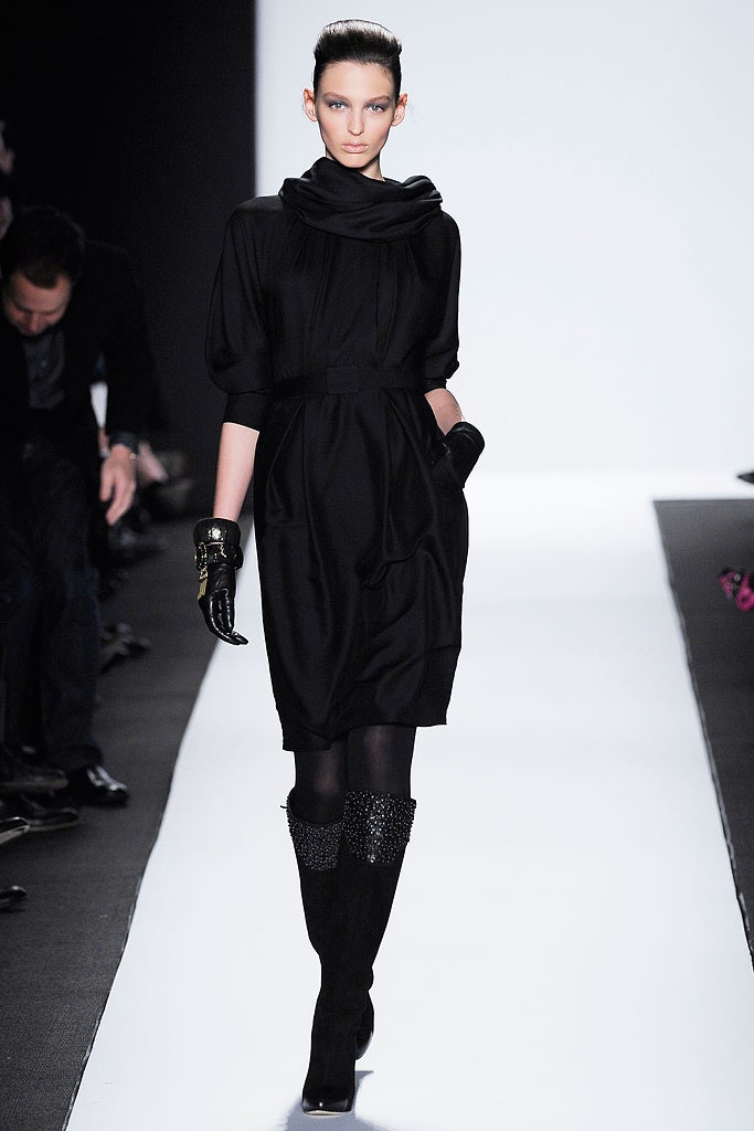 black silk fitted dress with gloves and boots