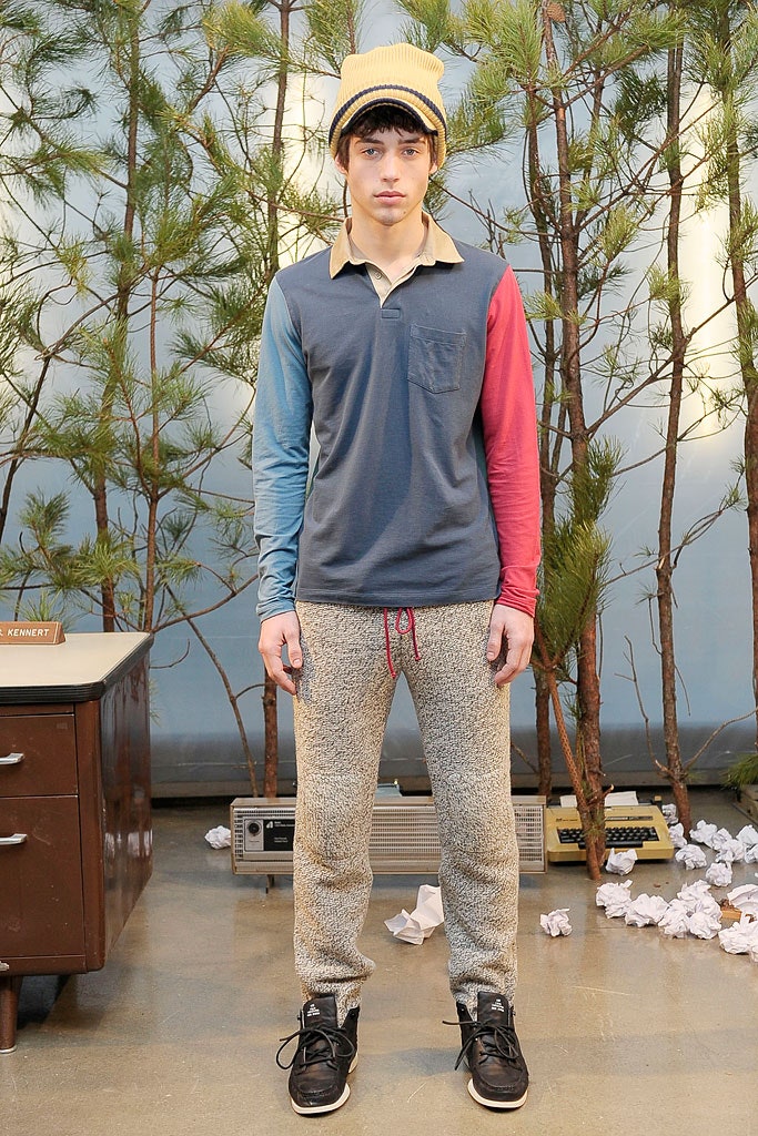 relaxed blue and red shirt with gray pants