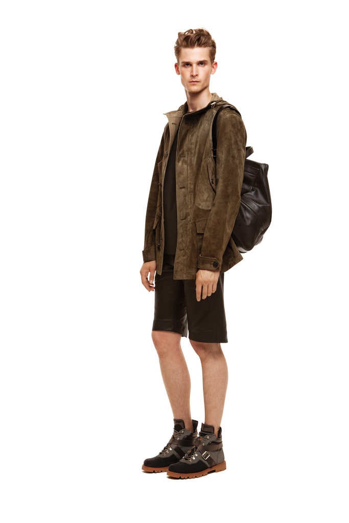 brown suede jacket with black t-shirt and shorts