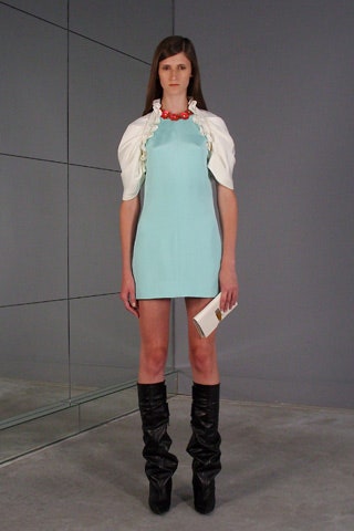 blue mini dress with white cape
