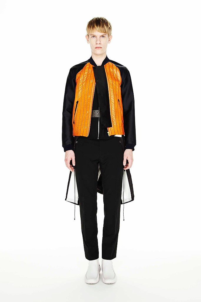 orange silk long-sleeve collared fitted zippered layered jacket