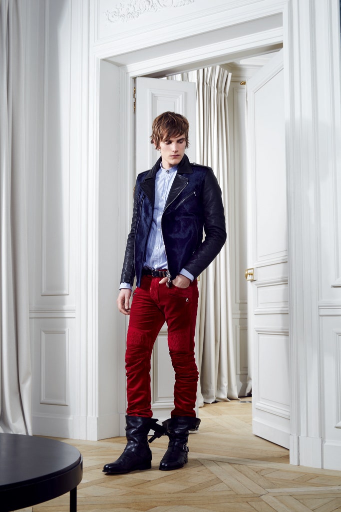 black leather jacket with red pants