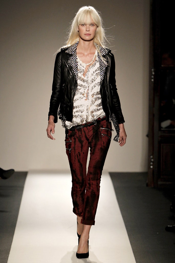 black leather jacket with silk blouse