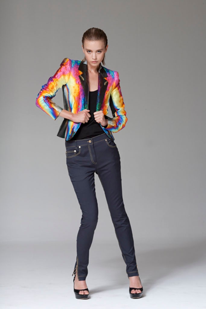 multi silk long-sleeve collared fitted zippered shiny blazer