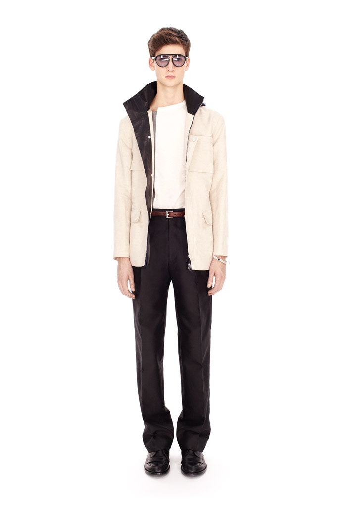 beige jacket with black pants